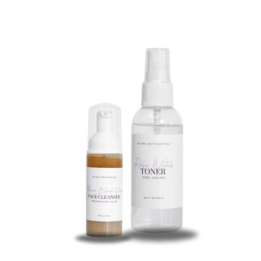 African Black Soap Facial Cleanser with Tea Tree Oil & Rose Facial Toner - Face Care Bundle