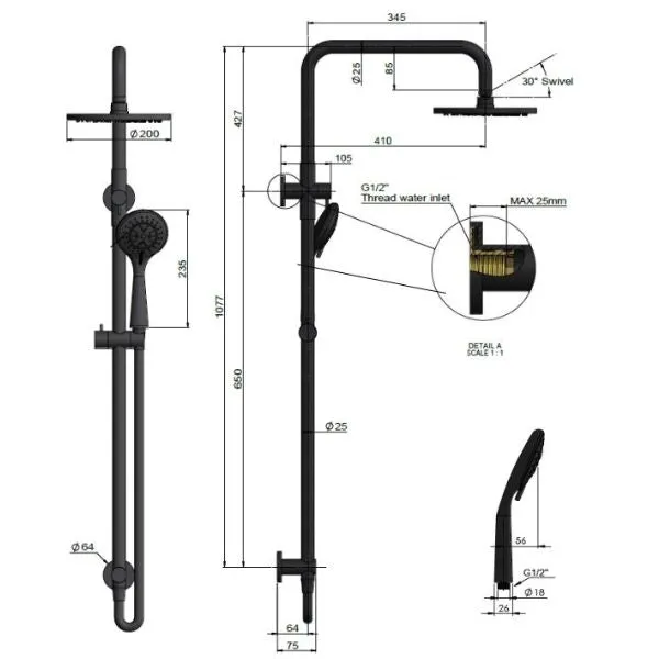 Meir Round Combination Shower Rail 200mm, 3 Function Hand Shower Brushed Nickel