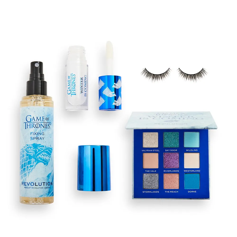 X Game Of Thrones Winter Is Coming Set zestaw Eyeshadow Palette paleta cieni do powiek   Fixing Spray utrwalacz makijażu   Shimmer Bomb błyszczyk do ust   Flutter False Eyelashes sztuczne rzęsy